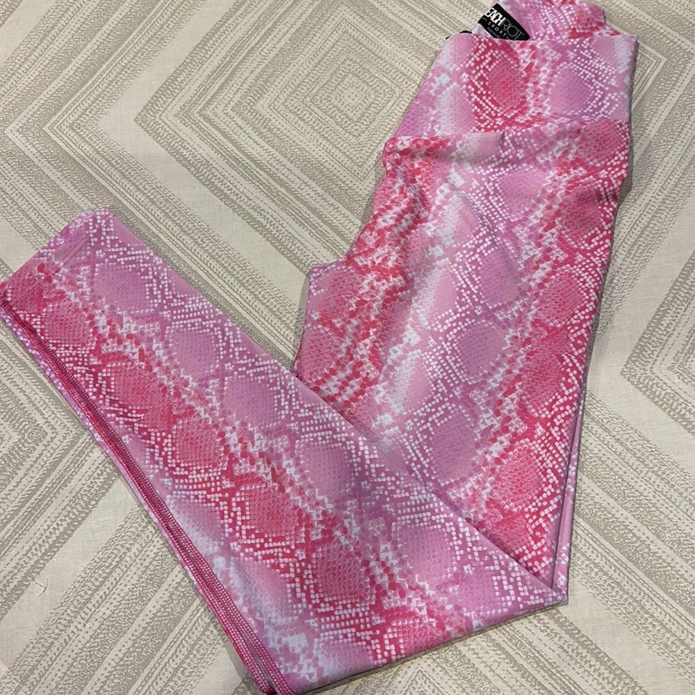 Beach Riot Women’s Pink & White Snakeskin High Waist Cross Waistband Leggings